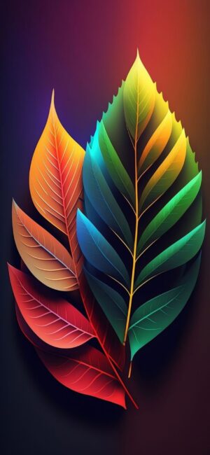 Vibrant abstract leaves wallpaper with a gradient of red, orange, yellow, green, blue on dark background | 4K Wallpaper for Mobile