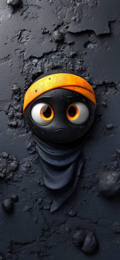 Stylized cartoon character with large eyes, black outfit, orange headband on a textured dark background | 4K Wallpaper for Mobile