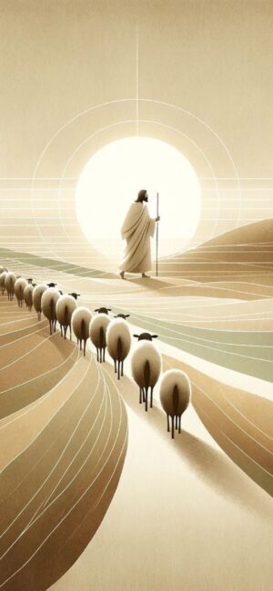 Shepherd leading sheep over rolling hills with a radiant sun in soft, earthy tones | 4K Wallpaper for Mobile