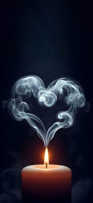 Candle with heart-shaped smoke against a dark backdrop, featuring glowing flame and artistic pattern | 4K Wallpaper, for Mobile