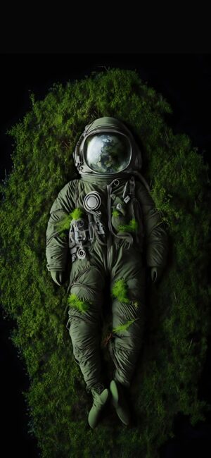 Astronaut suit on lush green moss, blending space & nature for tranquility. | Green, Black | 4K Wallpaper for Mobile