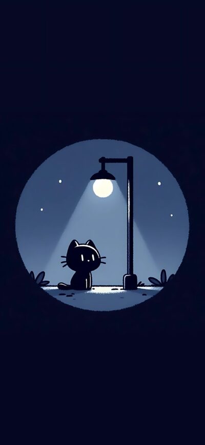 Cute black silhouette of a cartoon cat sitting under a streetlamp at night with stars, creating a whimsical vibe | 4K Wallpaper for Mobile