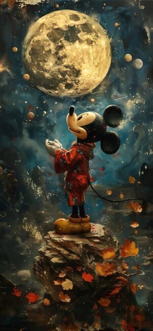 Mickey Mouse on rocky outcrop under full moon, starry night, and autumn leaves | Blue, Red, Gold | 4K Wallpaper for Mobile