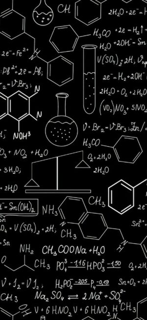 Chemistry-themed wallpaper with chemical formulas, molecular structures, and lab glassware illustrations | 4K Wallpaper for Mobile