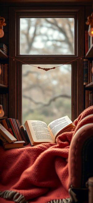 Cozy reading nook with an open book on a red blanket, surrounded by bookshelves and a dreamy window view | 4K Wallpaper for Mobile