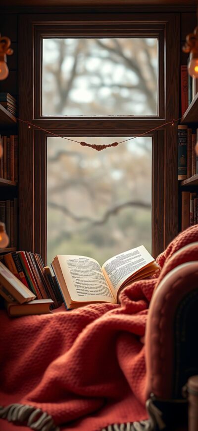 Cozy reading nook with an open book on a red blanket, surrounded by bookshelves and a dreamy window view | 4K Wallpaper for Mobile