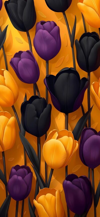 Vibrant tulip pattern in orange, purple, and black on an orange backdrop. Bold contrast | 4K Wallpaper for Mobile | Floral, Pattern, Nature