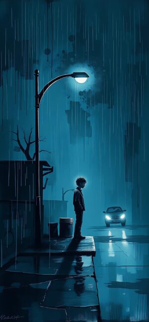 Moody urban rain scene with a lone figure under a streetlight, distant car headlights, and barren tree | 4K Wallpaper for Mobile