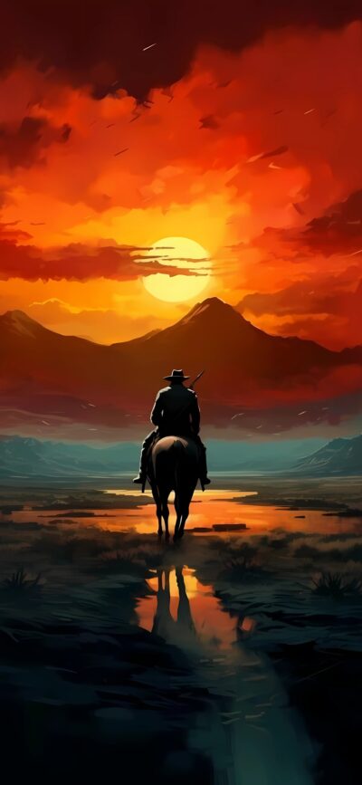 Solitary cowboy riding at sunset with vivid orange and red sky, mountain silhouettes, and serene water reflection | 4K Wallpaper for Mobile