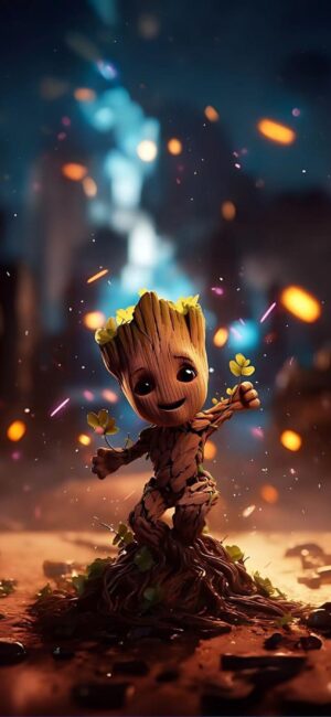 Baby Groot with a charming smile amidst a glowing background and floating embers | 4K Wallpaper for Mobile