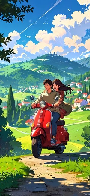 Animated scene of a couple on a red scooter amidst green hills, colorful houses, blue sky | 4K Wallpaper for Mobile