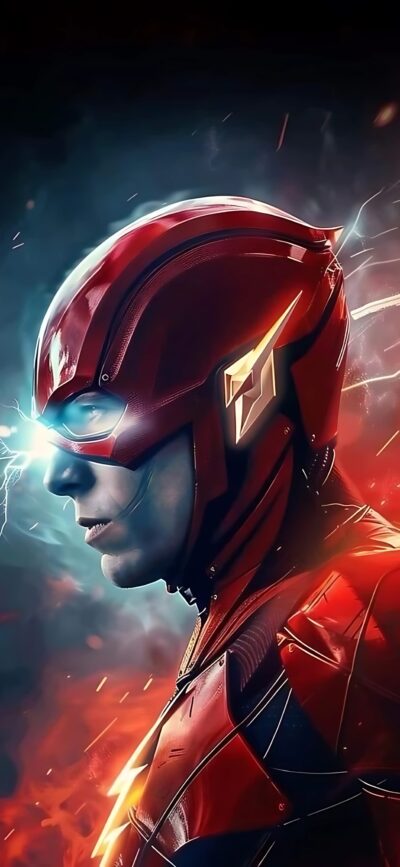 The Flash in iconic red suit with lightning, showcasing speed and power | 4K Wallpaper for Mobile | Red, Blue, Black accents.