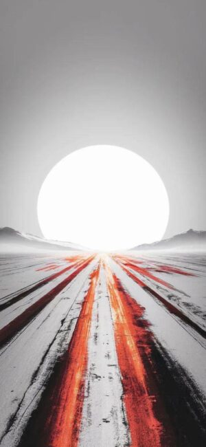 Abstract landscape with bold red streaks, massive sun on horizon, minimalist design | Red, White, Black, Gray | 4K Wallpaper for Mobile