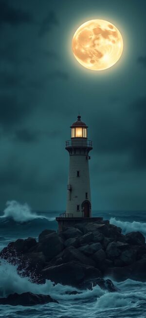 'Lighthouse on rocky coast under full moon, waves crashing, tranquil ambiance. Blue, dark, and yellow hues | 4K Wallpaper for Mobile'