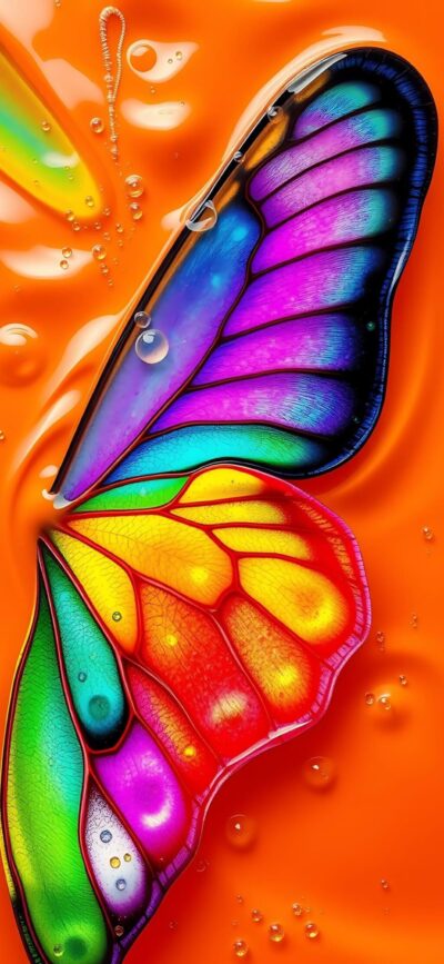 Colorful butterfly wing on orange liquid background | Vibrant hues: purple, blue, green, yellow, red, pink | 4K Wallpaper for Mobile