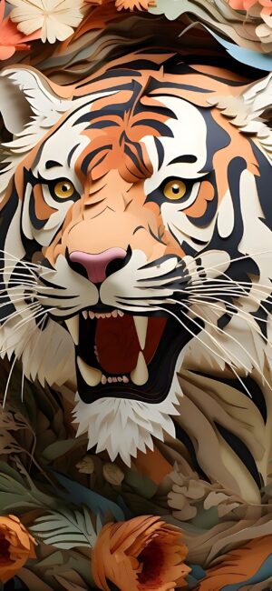 Intricate tiger illustration with vivid colors, fierce expression, and floral patterns | 4K Wallpaper for Mobile