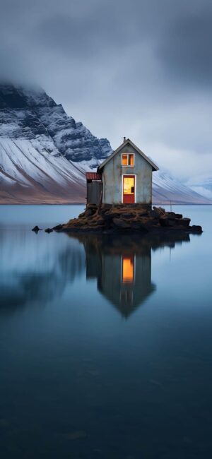 Solitary house on a rocky island in a calm lake with snow-capped mountains | Blue, Grey, White, Brown | 4K Wallpaper for Mobile