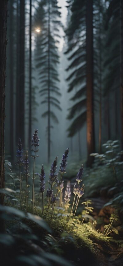 Serene forest with tall trees and purple flowers in a misty, mystical ambiance | Green, Purple, Gray | 4K Wallpaper for Mobile