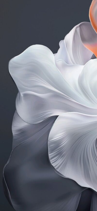 Abstract floral design with flowing white and gray petals on dark background for Mobile | 4K Wallpaper