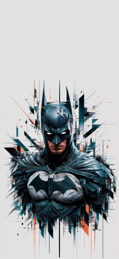 Batman in abstract geometric style with intense details and dramatic lighting | Gray, Black, Blue tones | 4K Wallpaper for Mobile