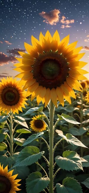 Sunflower field under starry night sky, contrasting yellow petals, green leaves & blue sky | 4K Wallpaper for Mobile