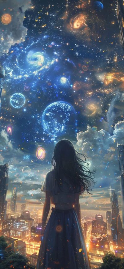 Silhouetted person gazes at cosmic scene; swirls of galaxies, stars, planets above vibrant cityscape. Blue, orange, black | 4K Wallpaper for Mobile