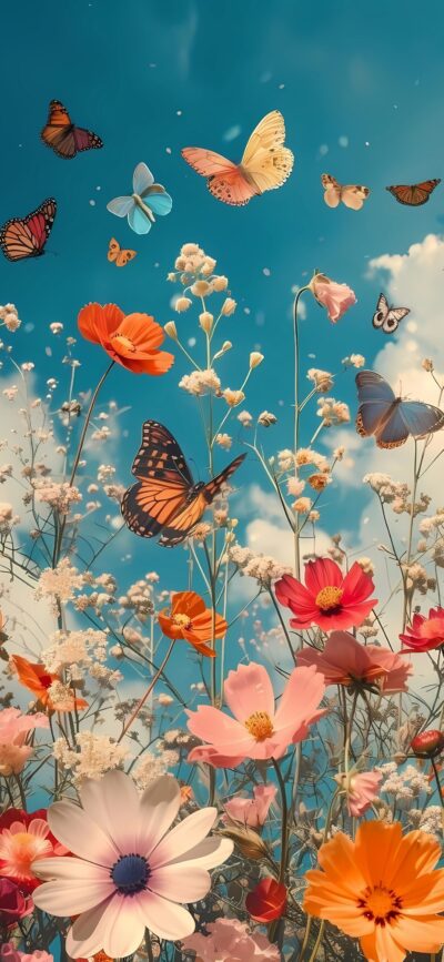 Vibrant flowers and butterflies under a blue sky create a serene atmosphere | 4K Wallpaper for Mobile