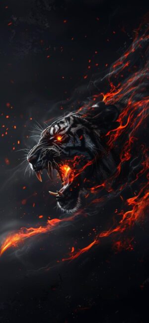 Fierce tiger with fiery effects in a fantasy style, featuring black, orange, and red hues. | 4K Wallpaper for Mobile