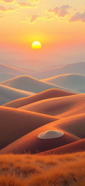 Serene desert landscape with rolling sand dunes under a warm sunset, in vibrant orange and yellow hues | 4K Wallpaper, for Mobile