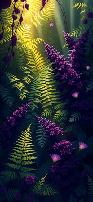 Lush green ferns and purple flowers illuminated by sunlight in a serene nature scene | 4K Wallpaper for Mobile