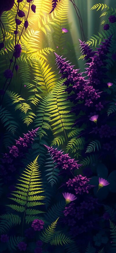 Lush green ferns and purple flowers illuminated by sunlight in a serene nature scene | 4K Wallpaper for Mobile