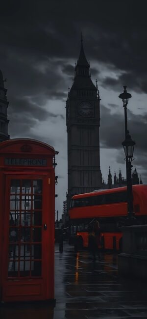 London cityscape with Big Ben, red telephone box, double-decker bus under overcast sky | Gray, Red, Black | 4K Wallpaper for Mobile