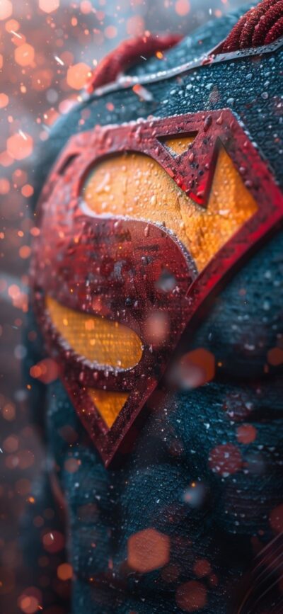 Superman chest emblem on a detailed suit background with blue, red, and yellow tones | 4K Wallpaper for Mobile