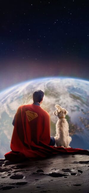 Superhero and dog overlooking Earth from space, red cape, starry sky | 4K Wallpaper for Mobile | Red, Blue, Black, White