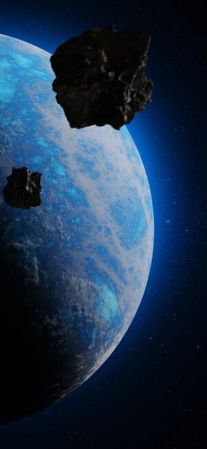 Distant blue planet with asteroids, glowing gently in deep space. Perfect for mobile screens. | 4K Wallpaper for Mobile