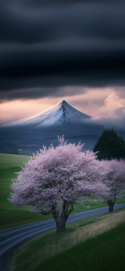 Serene landscape with snow-capped mountains, cherry blossoms, and lush greenery under moody skies | 4K Wallpaper for Mobile