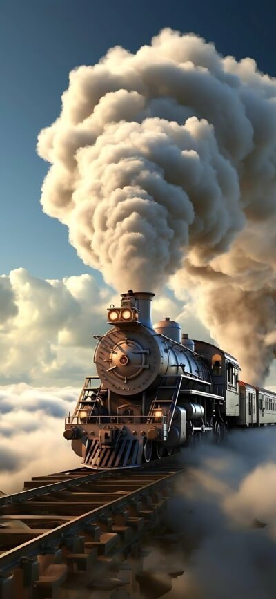 Vintage Steam Locomotive Above Clouds | Fantasy Surrealism | Blue, White, Black Theme | for Mobile | 4K Wallpaper