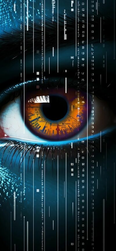 Close-up of eye with digital elements, binary numbers, and cityscape reflection in iris. Themes: Cyberpunk, Sci-Fi | 4K Wallpaper for Mobile