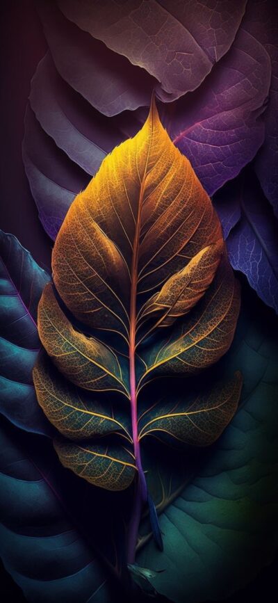 Colorful leaf arrangement with vibrant yellow to orange gradient on dark green and purple leaves | 4K Wallpaper for Mobile