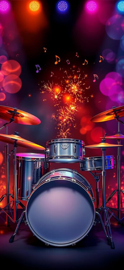 A vibrant drum set with lights and musical notes, bokeh effects, and fireworks creating a festive atmosphere | 4K Wallpaper for Mobile