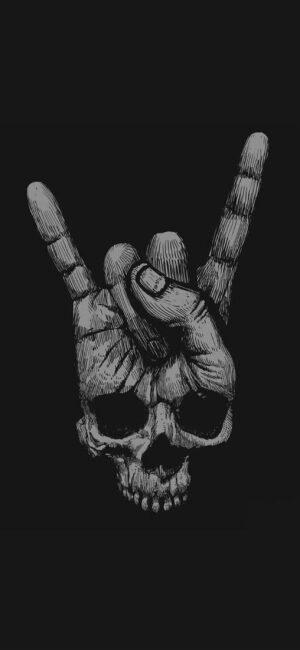 Skull with hand making "rock on" gesture, gothic rock theme, textured lines. | Black, Gray | 4K Wallpaper for Mobile