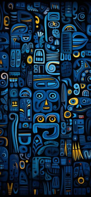 Abstract tribal geometric wallpaper in blue and yellow with intricate face-like patterns | 4K Wallpaper for Mobile