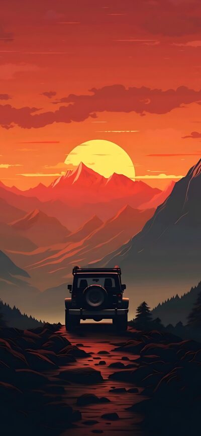 Rugged off-road vehicle at sunset over mountains, vibrant orange and red hues creating a sense of adventure | 4K Wallpaper, for Mobile