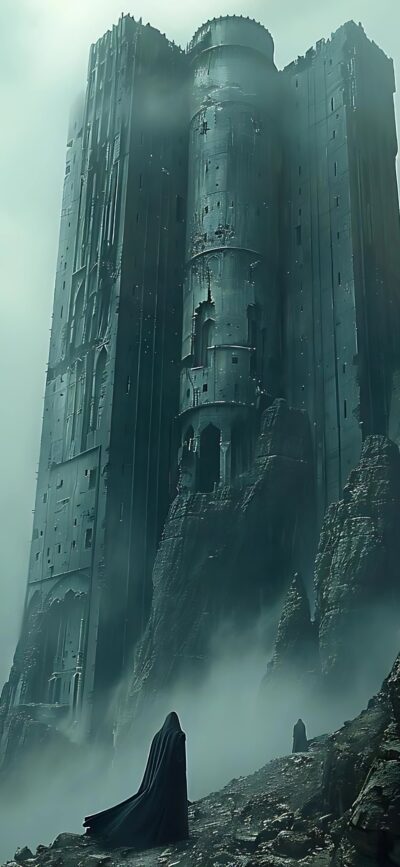 Mysterious dark gothic castle in misty rocky terrain with cloaked figures; fantasy allure. | 4K Wallpaper for Mobile | Gray, Black, Green