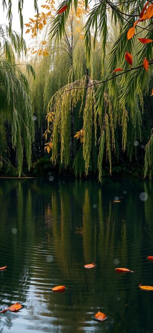 Serene pond with weeping willows, reflecting lush greenery and autumn leaves in orange and red | 4K Wallpaper for Mobile