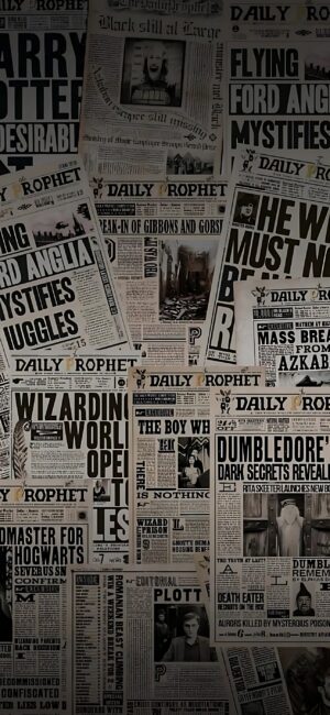 Harry Potter universe newspaper collage with Daily Prophet highlights | Black, white, grey | 4K Wallpaper for Mobile