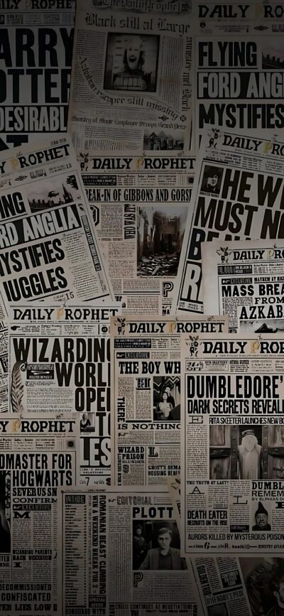 Harry Potter universe newspaper collage with Daily Prophet highlights | Black, white, grey | 4K Wallpaper for Mobile