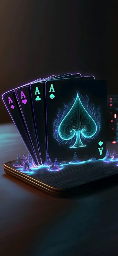 Neon playing cards with glowing mystic aura in purple and cyan on dark background | 4K Wallpaper for Mobile