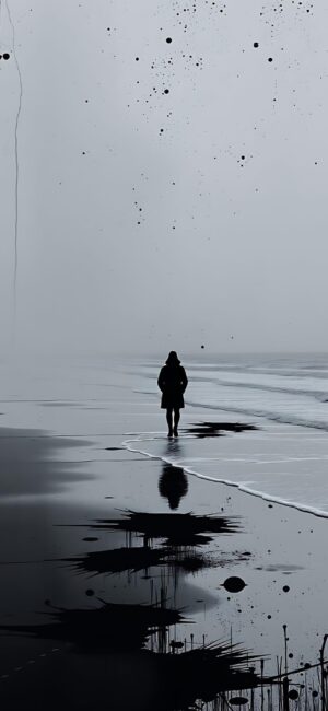 Solitary figure on misty beach, monochrome, abstract textures | Black and White | 4K Wallpaper for Mobile