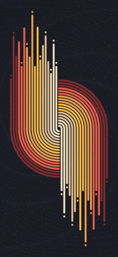 Abstract geometric pattern with interlocking curved lines in red, orange, yellow on dark background | 4K Wallpaper, for Mobile